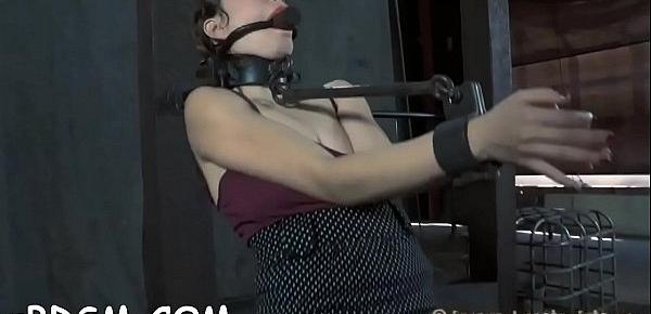  Gagged beauty is hoisted up previous to hard pussy prodding